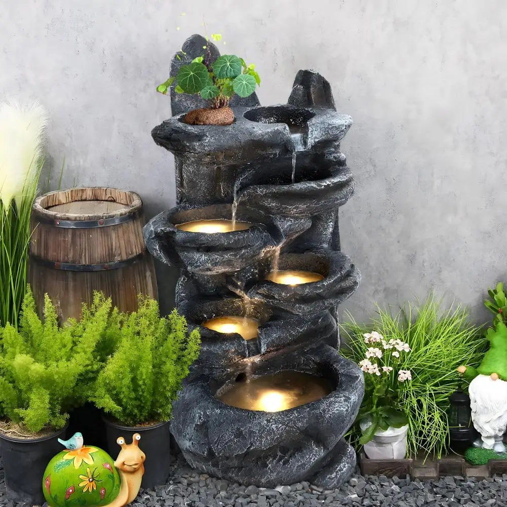 

6-Tiers Cascading Rock Water Fountain, Outdoor Water Fountain with LED Light, Outside Patio Water Features Fountain, Garden Wate