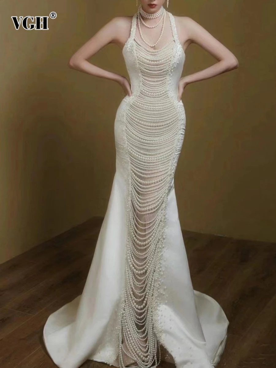

VGH Fairycore Patchwork Pearls Chains Long Dresses for Women Halter Sleeveless Backless Temperament Hollow Out Slim Dress Female
