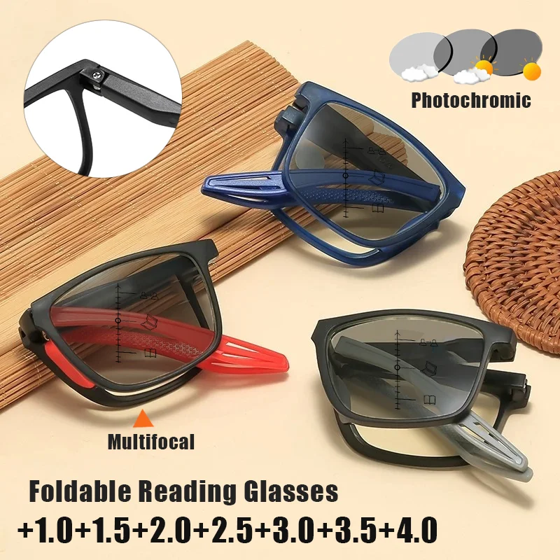 

Progressive Multifocal Photochromic Reading Glasses New Foldable Portable Business Presbyopia Glasses with Blue Light Protection