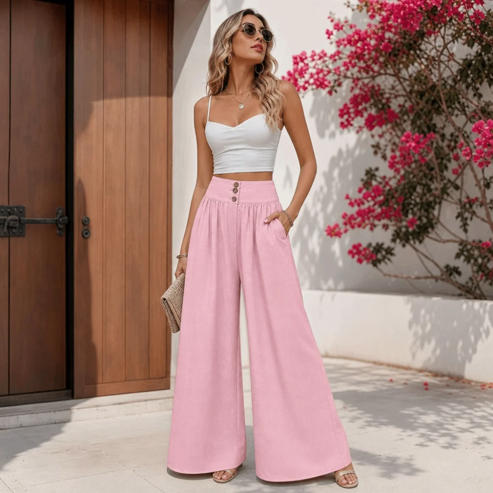 Comfortable Straight Wide Leg Pants Thin Casual High Waist Pants Pleated Front Summer Trousers Lady Wear