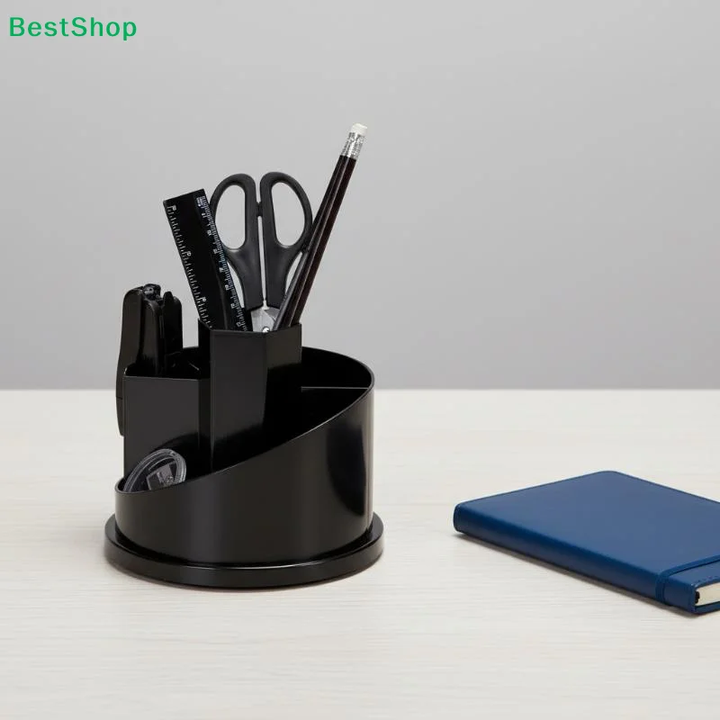 〔Z〕360° Rotatable Black Desk Pen Holder, Multi‑Slot Desktop Stationery Organizer Storage Caddy for Office Home