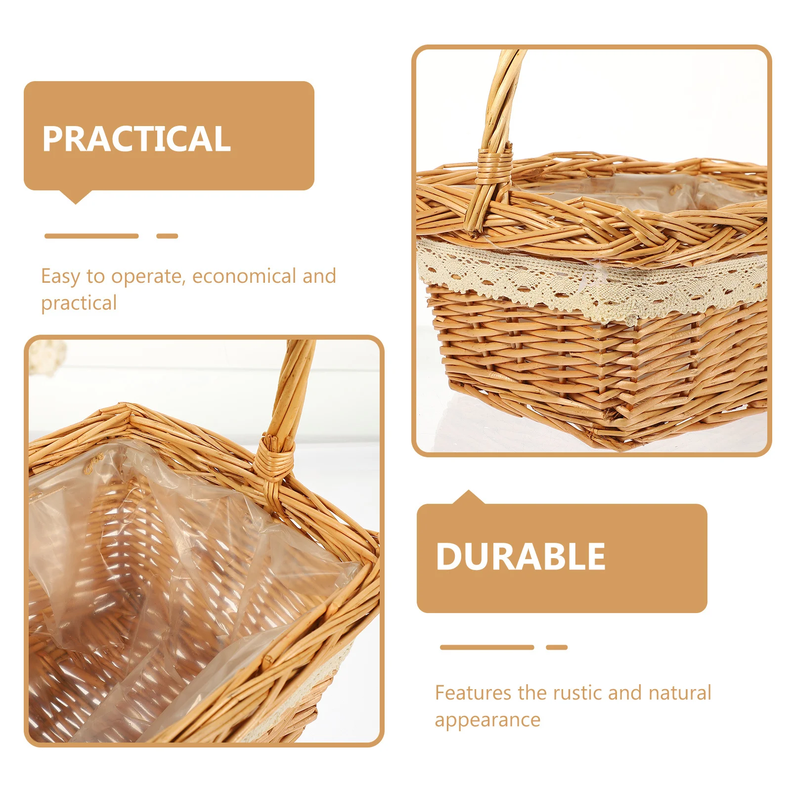 籐製ハンドヘルドフラワーバスケット、天然素材の編み込み収納装飾バスケット、結婚式、ピクニック、食品、果物など多目的に使用可能