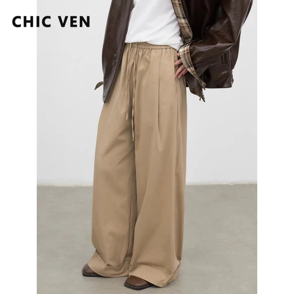 CHIC VEN New Women Pants Solid Loose Casual Retro Elastic Waist Drawstring Pleated Female Texture Trousers Spring Autumn 2026