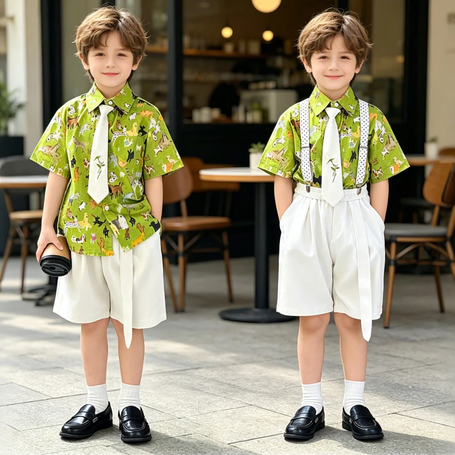 Kids Boys Summer Outfit Green Animal Print Shirt + Beige Shorts with Tie Casual Vacation Beach Party Children's Clothes Set 8 Y