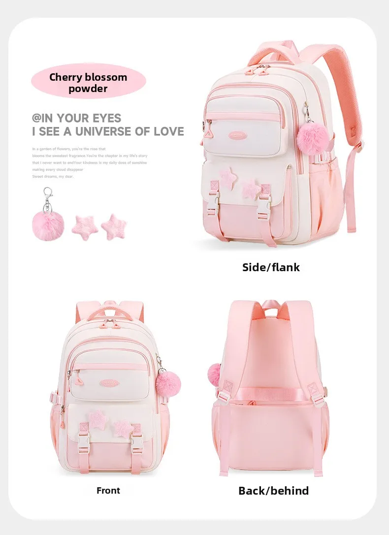 Primary Middle School Backpack for Girls Cute Backpack for School Pink School Bag for Teen Girls with Star Pins Furry Pendant
