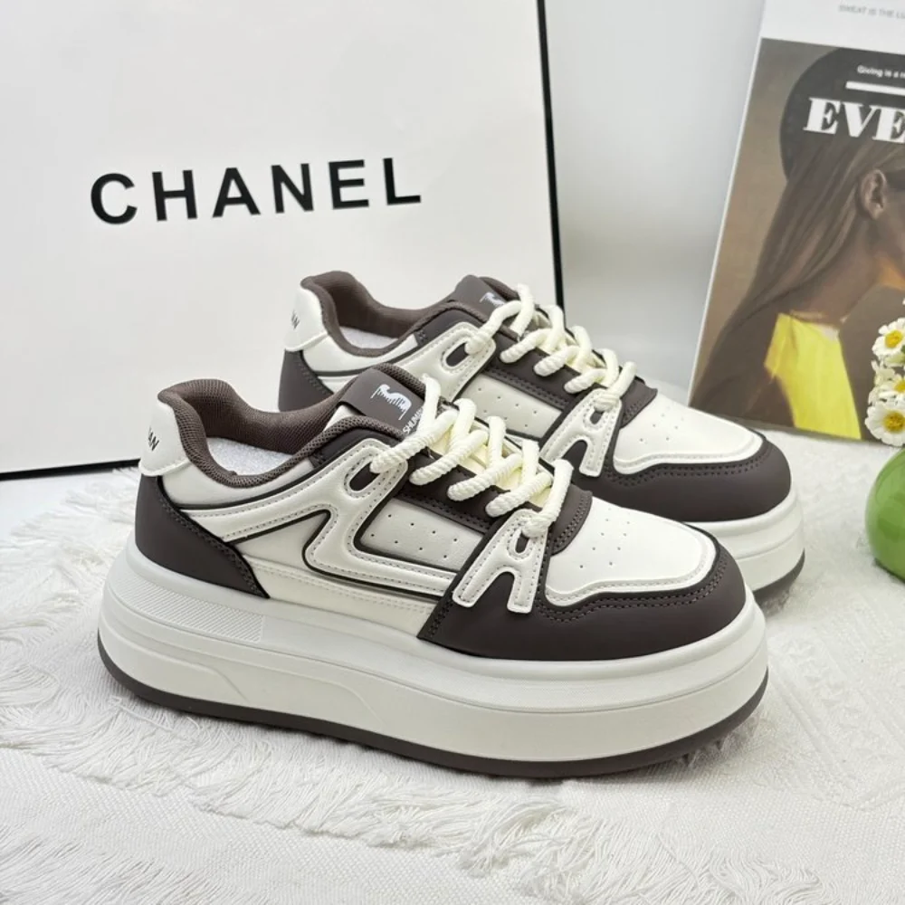 Black White Color Block Platform Board Shoes Letter Patch Lace-up Elevated Women's Sneakers