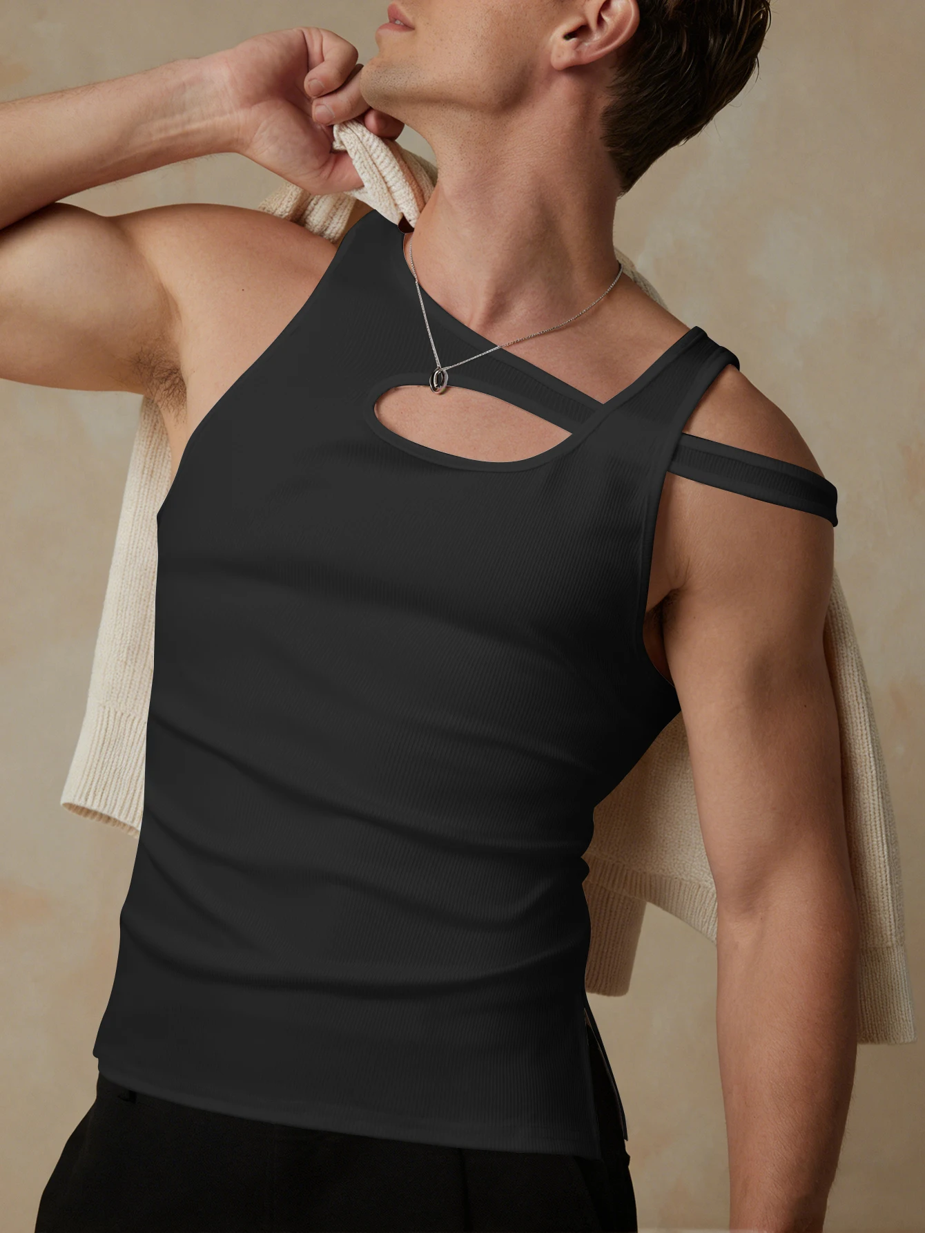Mens Asymmetric Strap Sleeveless Tank Top Hollow Out Cutout Ribbed Slim Fit Irregular Hem Party Vest