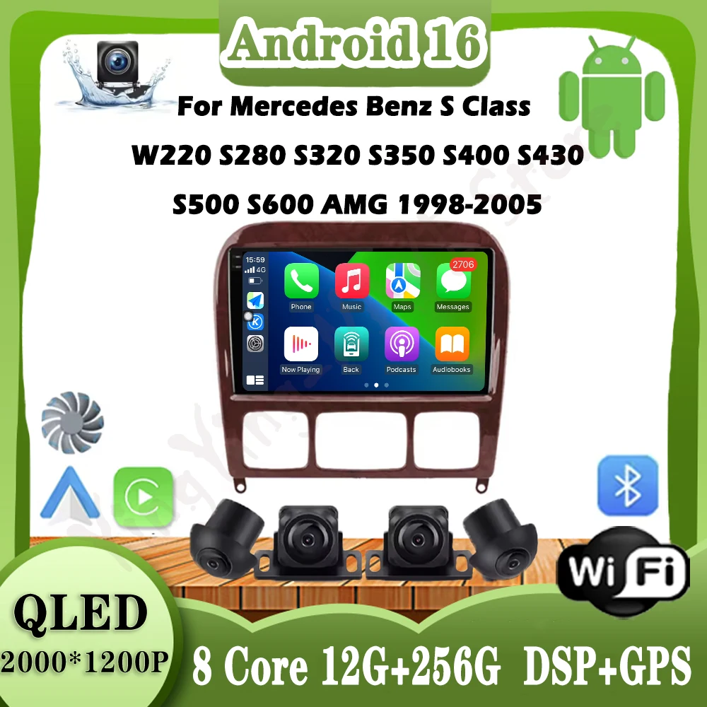 

Android 16 Car Radio for Mercedes Benz S Class W220 S280 S320 S350 S400 S430 S500 S600 AMG 1998-2005 GPS WIFI+4G Carplay