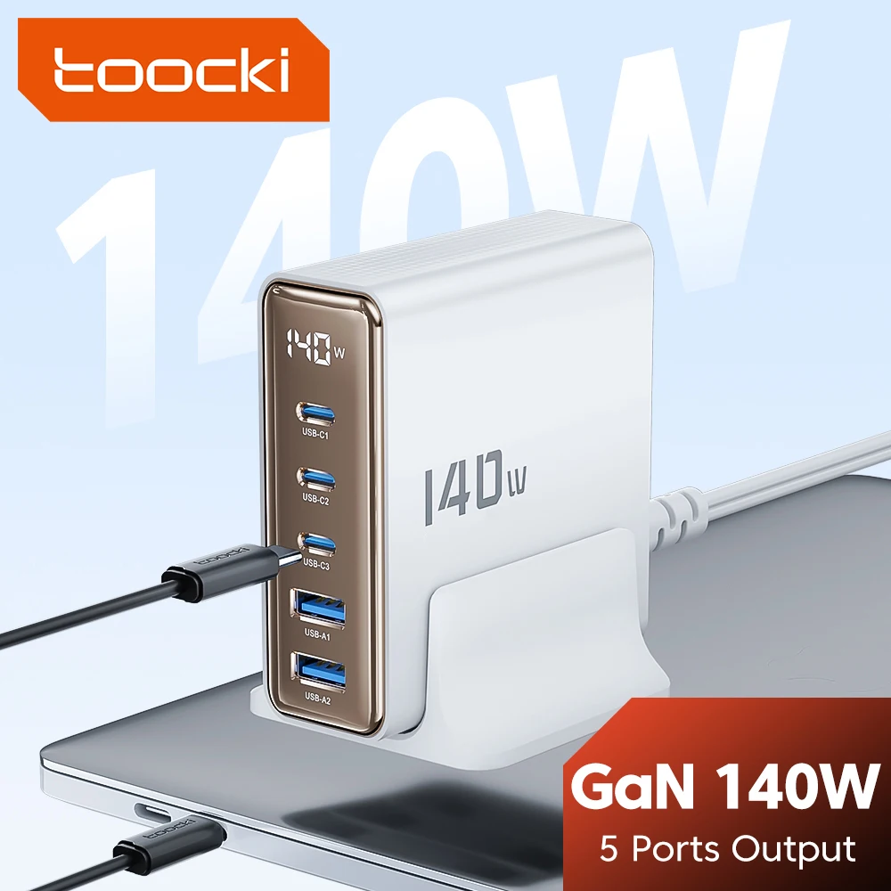 cargador-de-escritorio-toocki-140w-gan-usb-5-en-1-pd20w-100w-con-carga-rapida-tipo-c-y-pantalla-para-iphone-samsung-macbook-y-portatiles