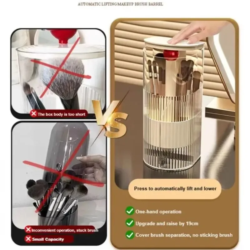 Automatisch anhebbarer Make-up-Pinselhalter mit staubdichtem Deckel, kosmetische Aufbewahrungsbox für Pinsel, Lippenstifte, Make-up-Organizer für Waschtisch