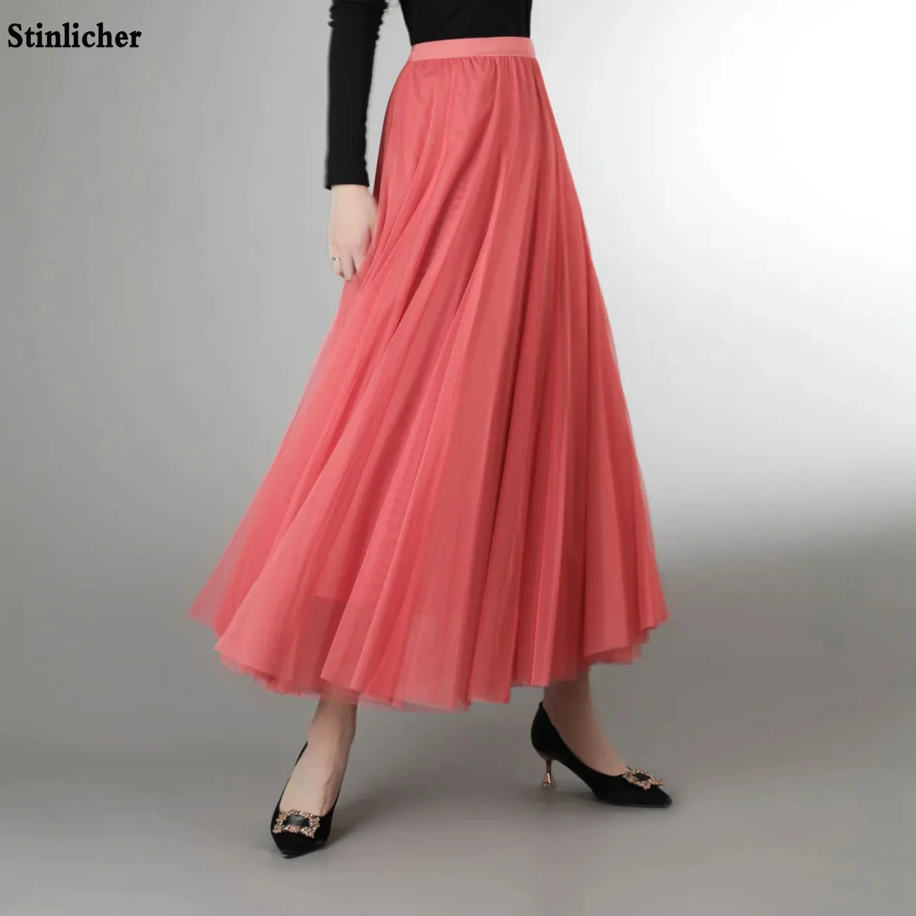 Mesh Tulle Skirt Women Elastic High-waisted A Line Beach Dance Wedding Party Mesh Pleated Maxi Long Skirts Women Korean Fashion