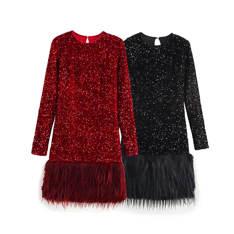

Spring New Glitter Long Sleeve Dress Slim Fit Feather Sequin Splicing O Neck Mini Red Black Work Office Casual Dress