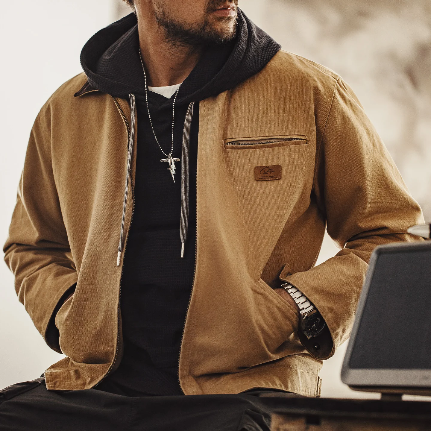 Maden Vintage Men's J001 Detroit Jacket Lapel Collar Warm Quilted Work jacket Heavyweight Cotton Safari Coat for Autumn Winter