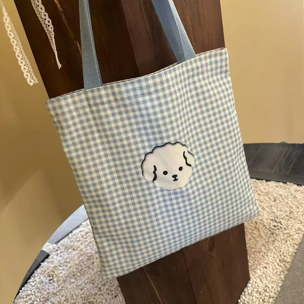 Blue Plaid Canvas Tote Bag with a Cute Puppy Design, Sweet and Adorable Student Tutoring Bag, Lightweight and Fresh Style Shoulder Bag for Outings