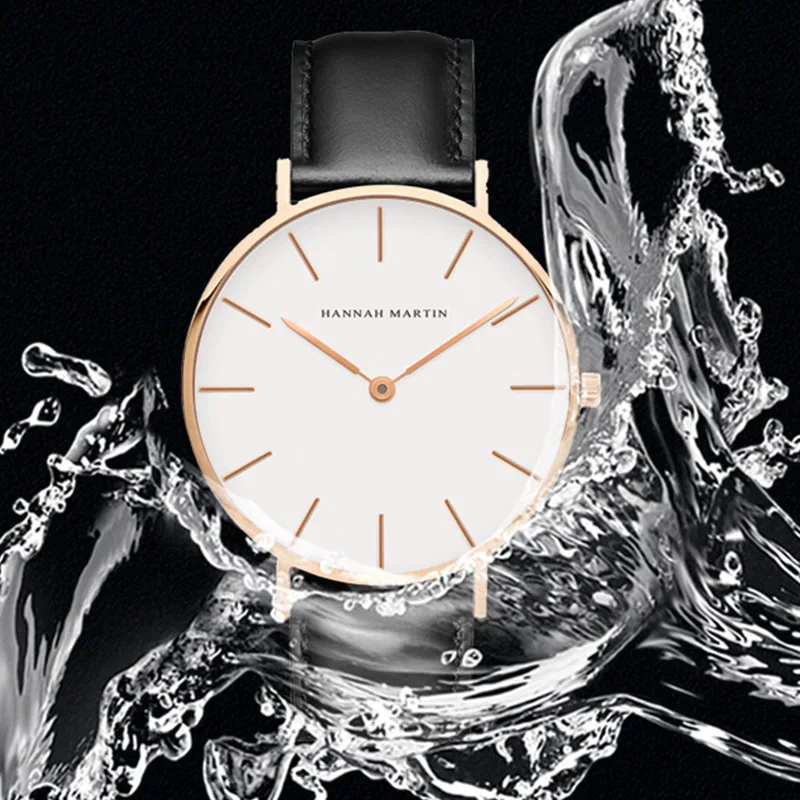 Hannah Martin High Quality Rose Gold Dial Watch Men Leather Waterproof Wristwatch Women Dress Fashion Japan Quartz Movement Saat