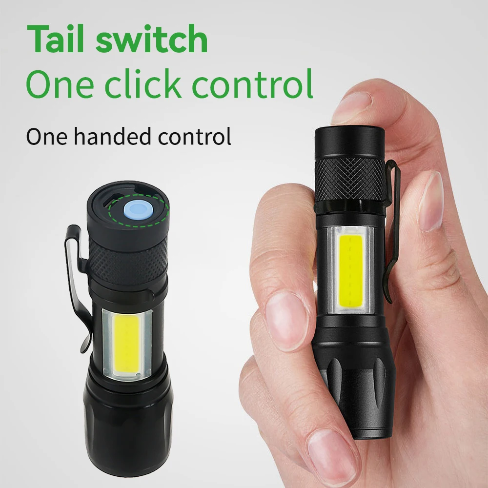 Mini Rechargeable LED Flashlight COB+XPE Portable Torch Camping Lantern Zoomable Focus Light Tactical Flashlight with Pen Clip