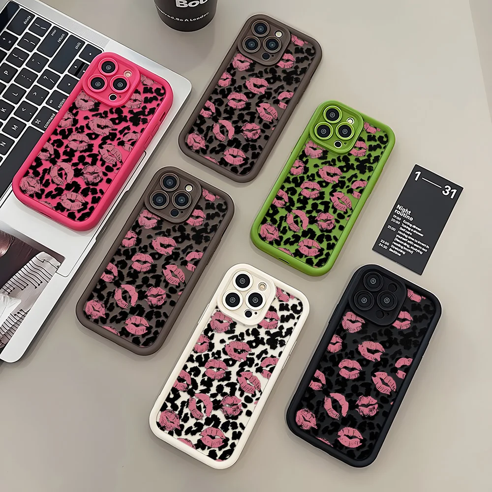 Painted Phone Case for Apple iPhone 17 16 15 14 13 12 11 Pro Max 8 Plus SE Air Cases Kawaii Pink Lip Leopard Silicone Protection view 4