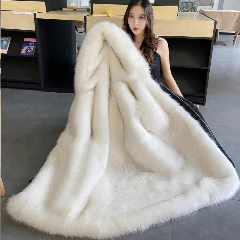 Womens Mid-Length Imitation Fox Fur Liner Coat Removable Hooded Parkas Cotton Padded Jacket Female Outwear New Winter 2024