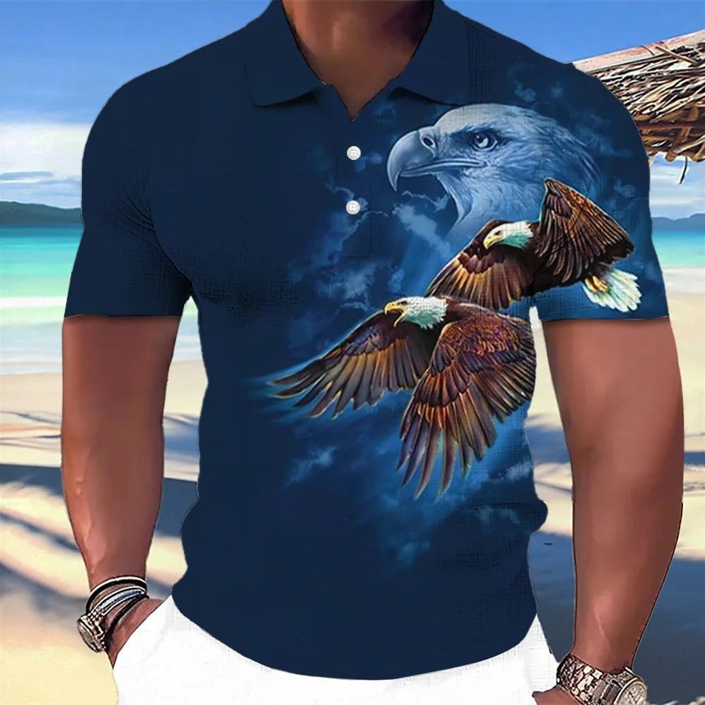 

Fashion New Men's Polo Shirt Casual 3D Eagle Printed Graphic Outdoor Oversize Clothing Business Golf Shirts Button-Down Men Tops