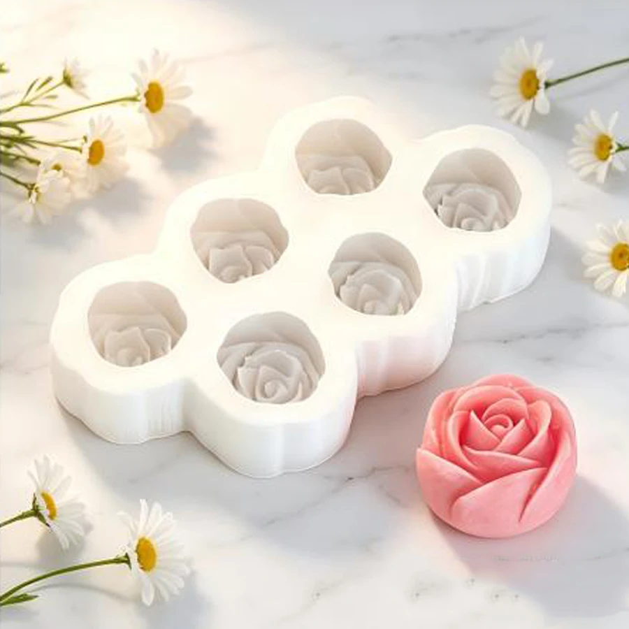 6-teiliges Set Rosenblüten-Silikonformen, 3D Mini-Blumen-Kerzen-Gips-Seifen-Gießform, DIY Schokoladen-Gummibärchen-Kuchenformen – Detail 3