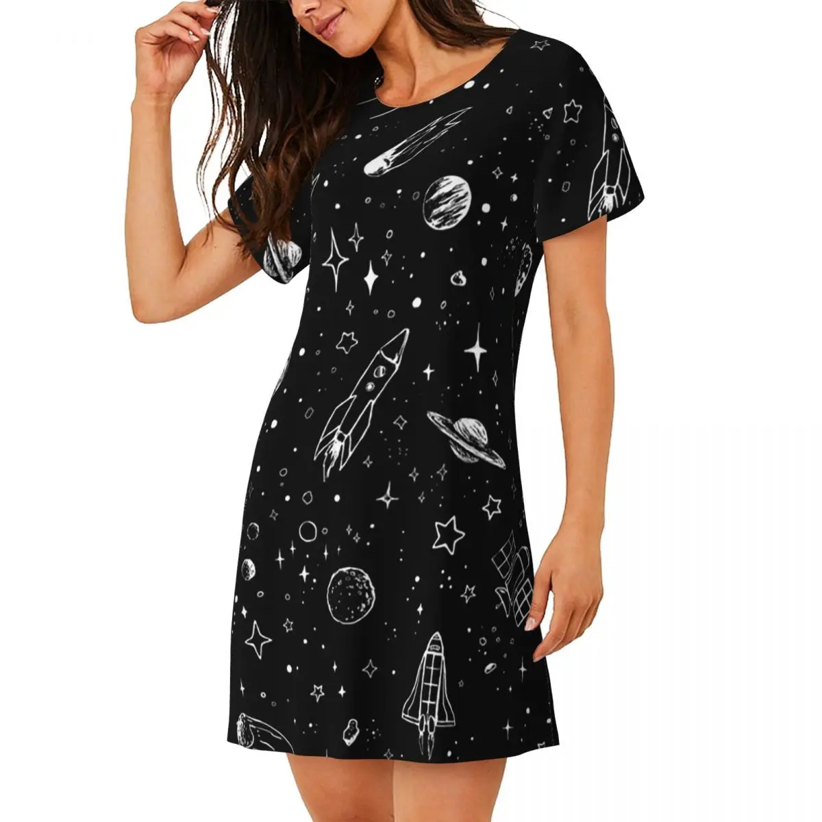 Custom Space Short Sleeves Nightdress For Sleeping Sleepshirts Women Short Sleeve Nightgowns Loose Pajama Dress