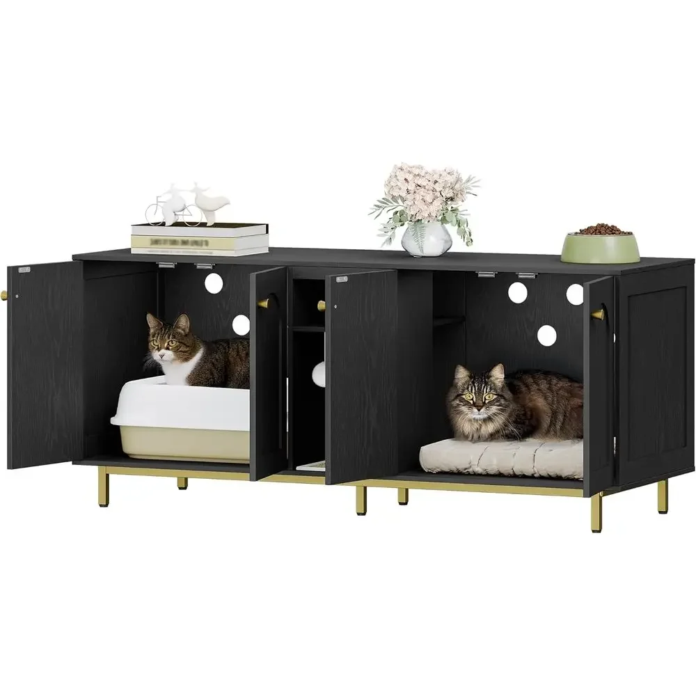 Wooden Cat Litter Box Enclosure, Dual-Cat Side Table, Storage Cabinet Bench for Living/Bedroom, 55.2x20x23.9, Black & Gold - view 2