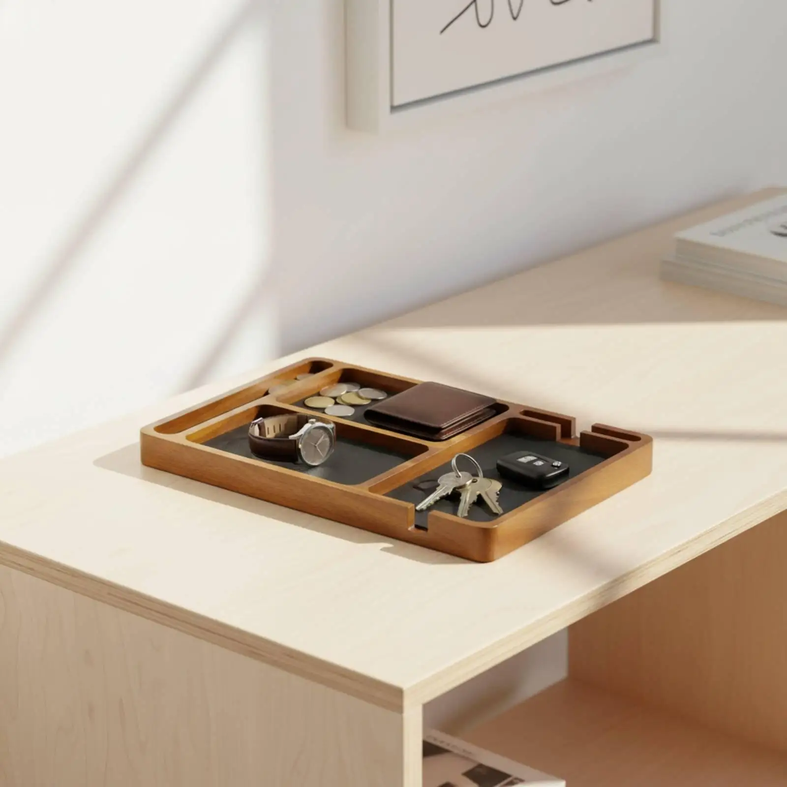 Wooden Storage Tray Desk Organizer Pen Holder Compartment Storage Tray for Home Office Nightstand