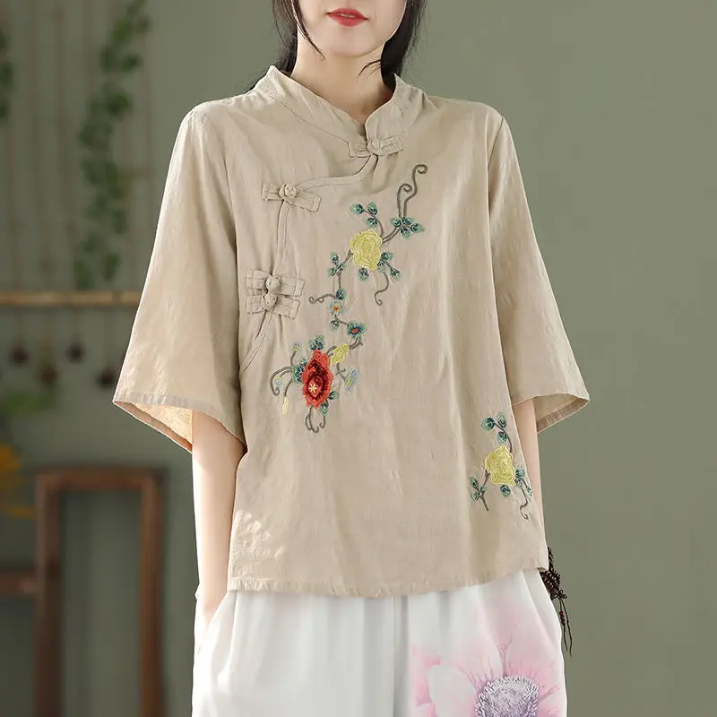 Chinese Style Pregnant Women's Standing Neck Embroidered Vintage Top Medium Sleeve Cotton Hemp Top Summer Maternity Top LF083