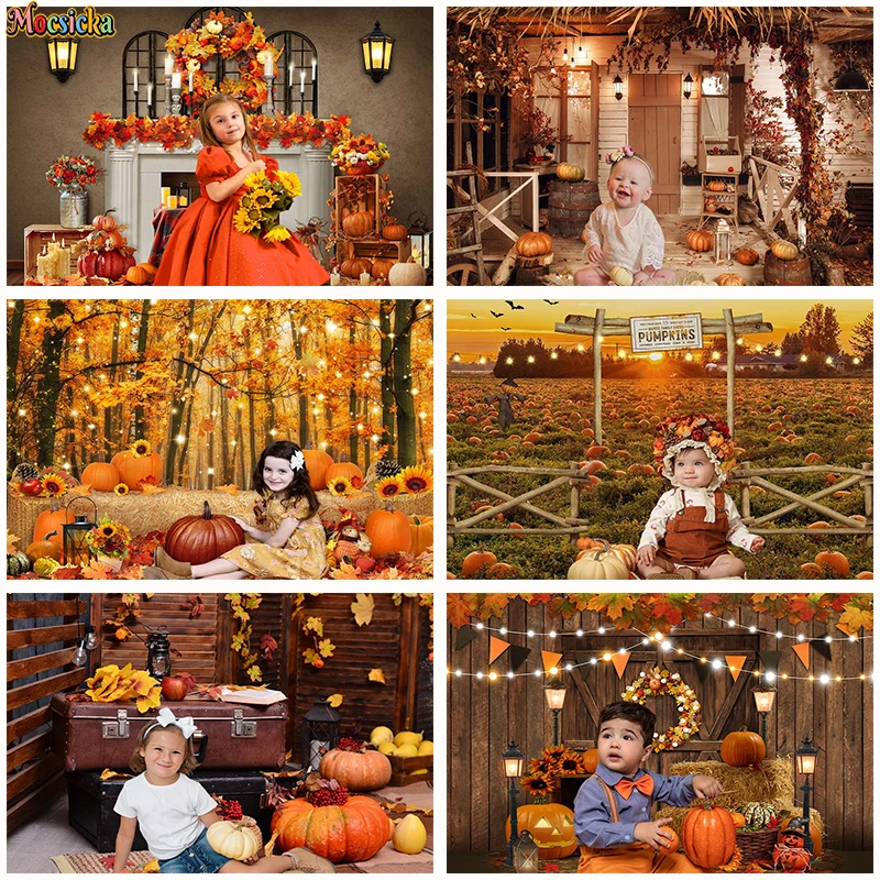 Halloween Pumpkin Wooden House Photographic Backdrop Autumn Forest Child Baby Shower Photography Background Family Photo Banner