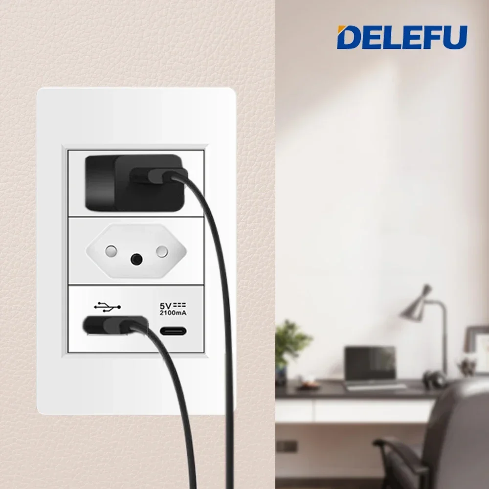 DELEFU 4x4 Fireproof Painel PC Brasil Standard Outlet Duplo USB Tipo C Parede Tomada Interruptor de Luz Escritório Branco 10A 20A Carga Rápida