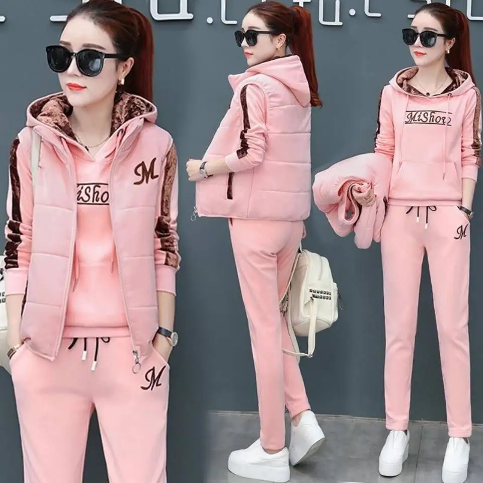 Winter New Plush Thickened Cotton Tank Top Hoodie Sweatpants Three Piece Elegant Women's Pants Set Outfits Tracksuit