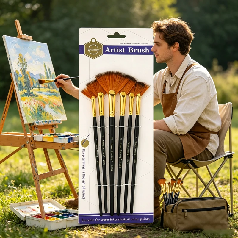 6Pcs/Set Fan shaped Nylon Hair Gouache Acrylic Watercolor Paint Brush for School Painting Drawing Painting Brush Art Supplies