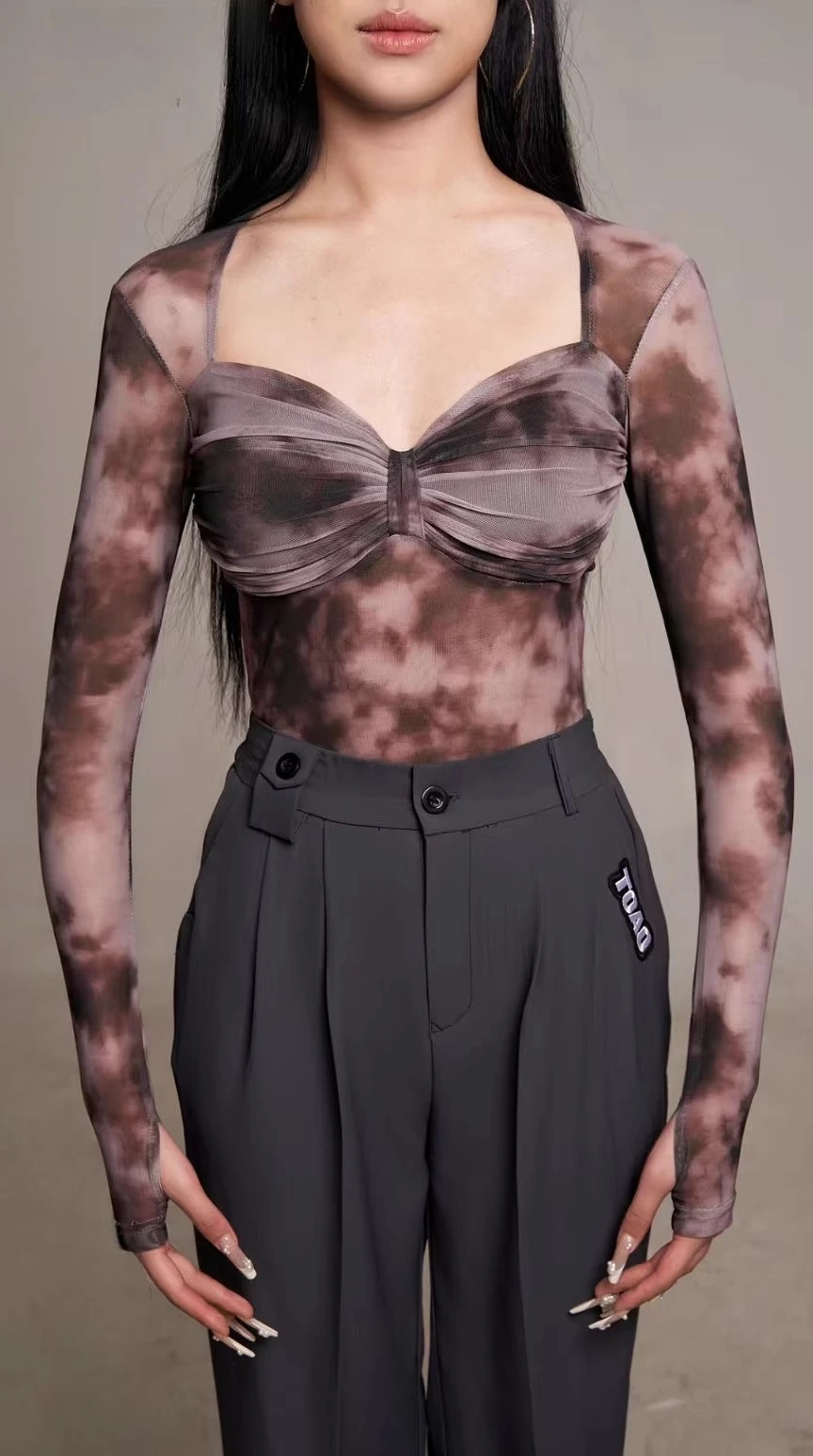 

UK Latin Dance Dress Women's Tie-Dye Mesh Top Slim Fit Two Color Options for Performance Practice Ballroom dance costumes