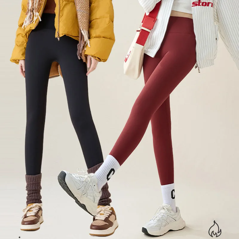 

Осень-зима, теплые флисовые женские леггинсы, бархатные утепленные узкие эластичные леггинсы с высокой талией, уличная одежда, модные красные брюки из акульей кожи