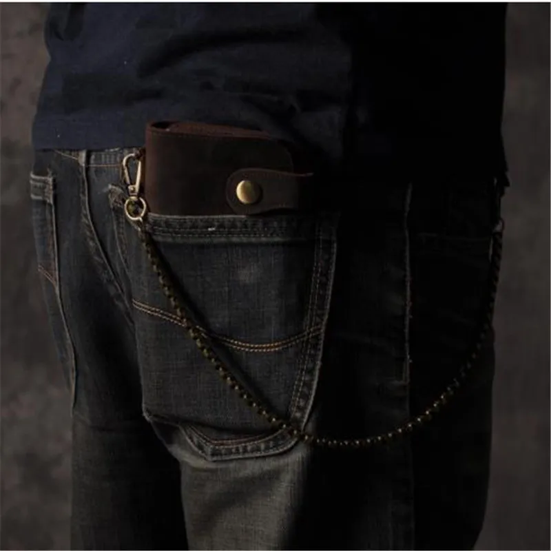 B161 Men's Iron Chain Anti-theft Crazy Horse Leather Wallet Retro Style Top Layer Cowhide Handbag