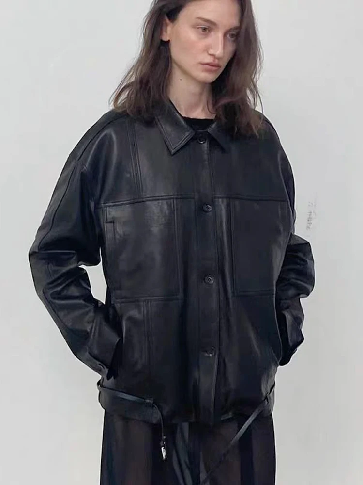 London plat femmes ort cuir Jaet ceinturé minceur trajet décontracté vêtements de travail manteau coupe ample Long col Sve