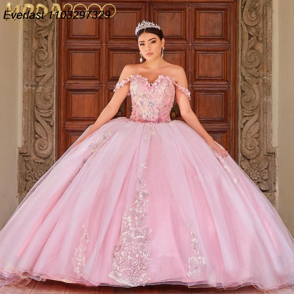 

EVLAST Sparkly Pink Quinceanera Dress Ball Gown Floral Applique Beading With Cape Corset Sweet 16 Vestido De 15 Anos TQD950