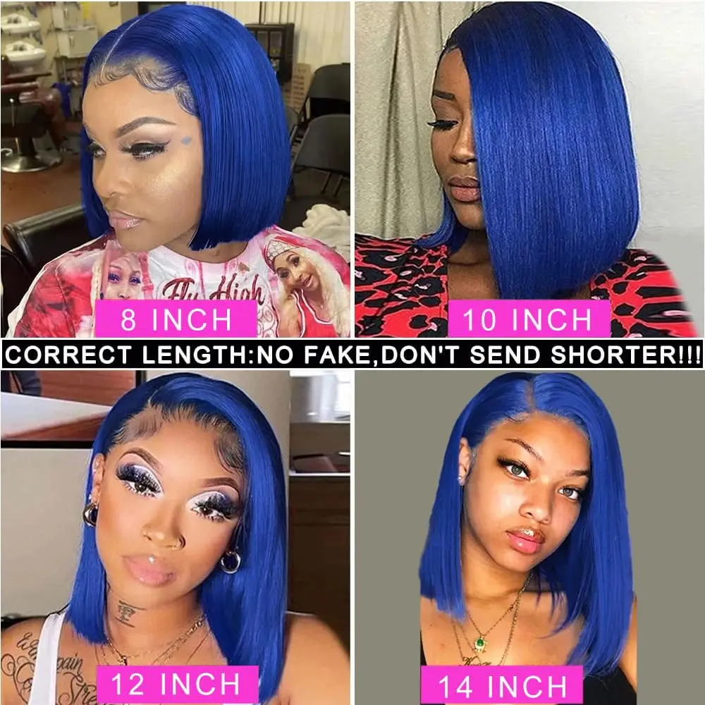 Perruque Bob Lace Front Wig Remy brésilienne naturelle, cheveux courts, couleur bleue, 13x4, densité 180%