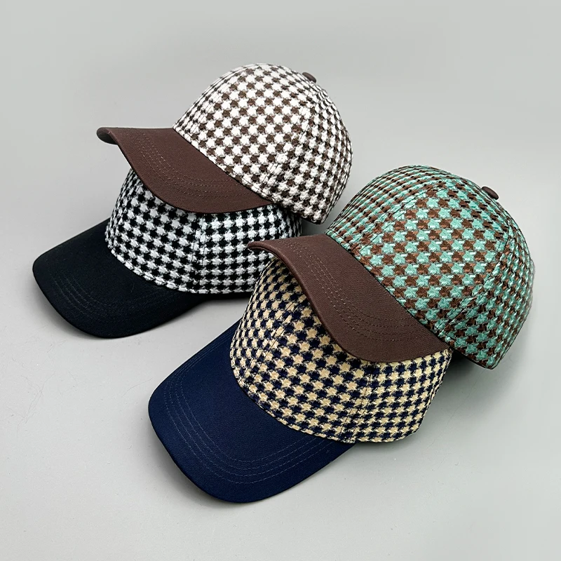 Houndstooth Color Block Baseball Cap Cotton New Men Women Sunscreen Check Versatile Fashion Casual Ventilate Street Retro Casual