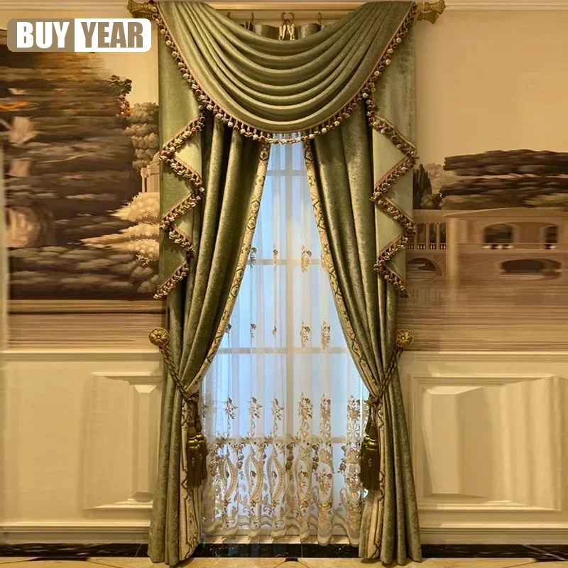 French Light Luxury Fresh Green Velvet Embroidered Lace Stitching High-end Curtains for Living Room Bedroom Villa Custom Window