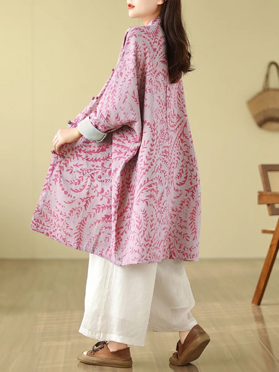 เสื้อโค้ทผู้หญิงสไตล์จีนแบบใหม่ ทรงหลวม แขนยาว ติดกระดุม ลายดอกไม้สไตล์วินเทจ สำหรับฤดูใบไม้ผลิ ไซส์ใหญ่