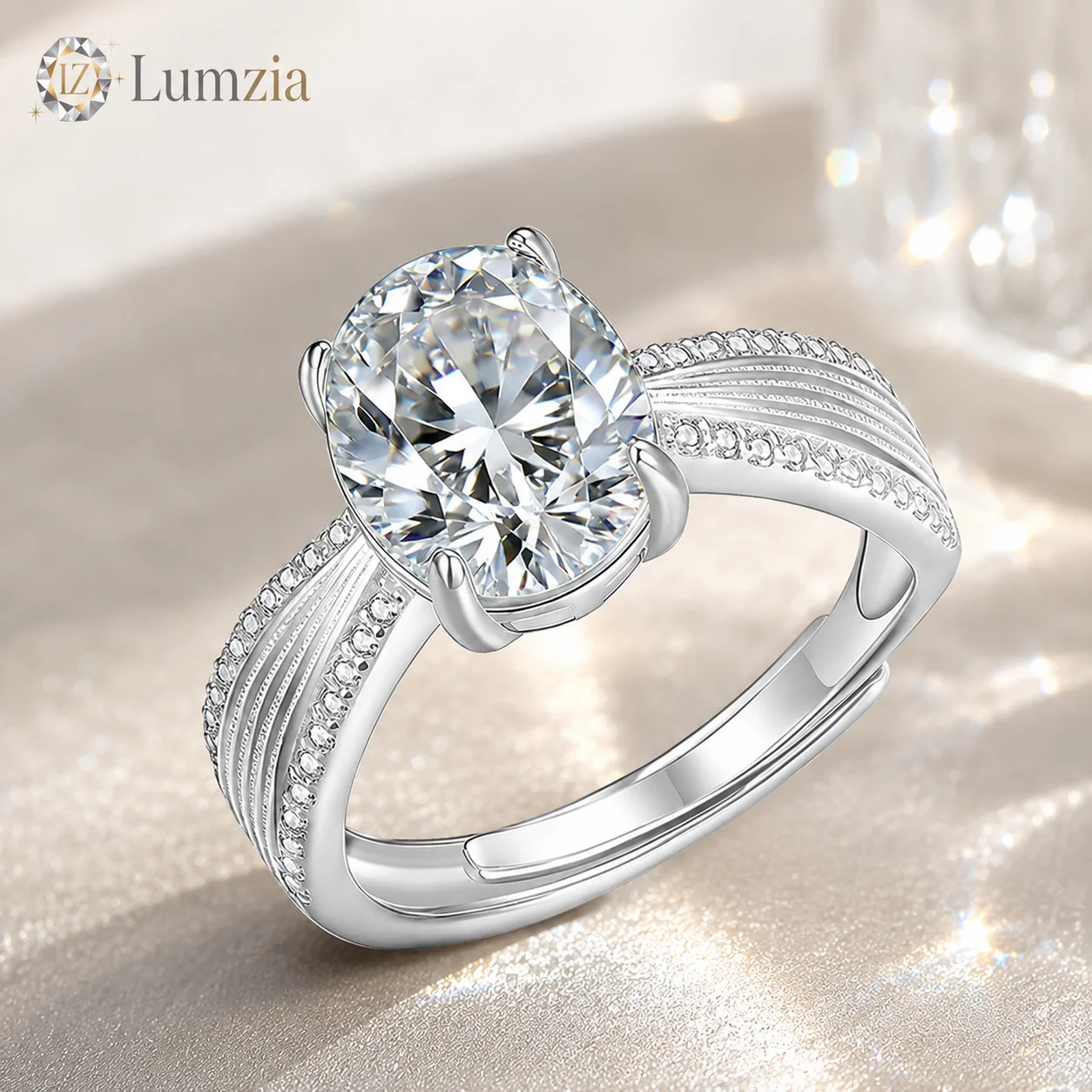 3CT Moissanite Oval Ring S925 Sterling Silver Open Adjustable Band Pave Line Promise Jewelry Gift for Women for Men Certified