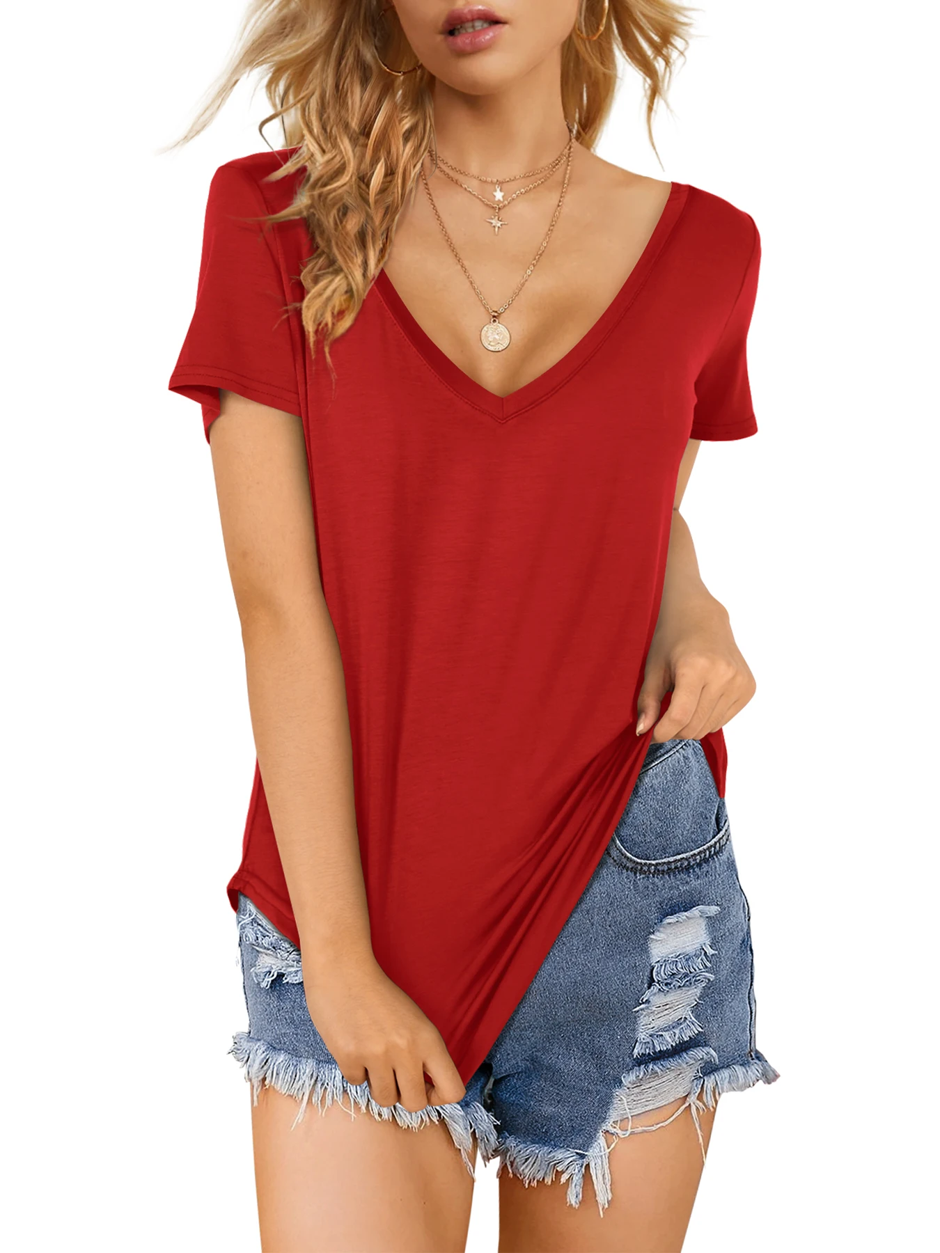 JYLFC Womens\' Red T-Shirt with Rounded Hem, V-Neck Loose Solid Color Top