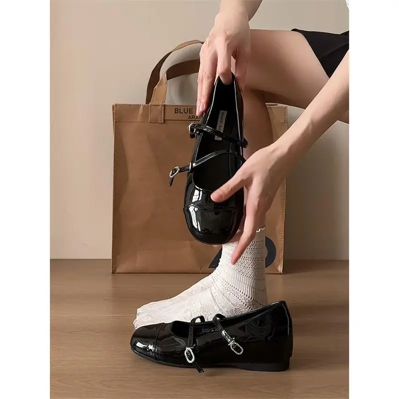 

Black Square Head Cross Buckle Heightening Flat Bottom Ballet Mary Jane Shoes Women's New 2025 Slip-On Fashion Single Shoes