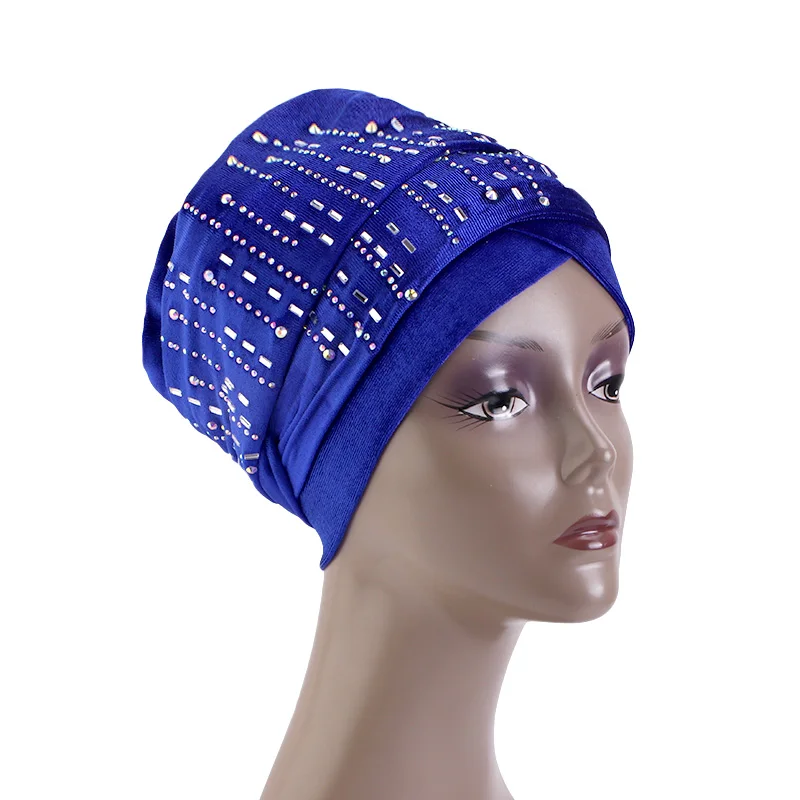 Women Rhinestone Velvet Long Turban Muslim Head Scarf Hat Islamic Under Scarf Bonnet Ladies African Wrap Head Scarves Bonnet