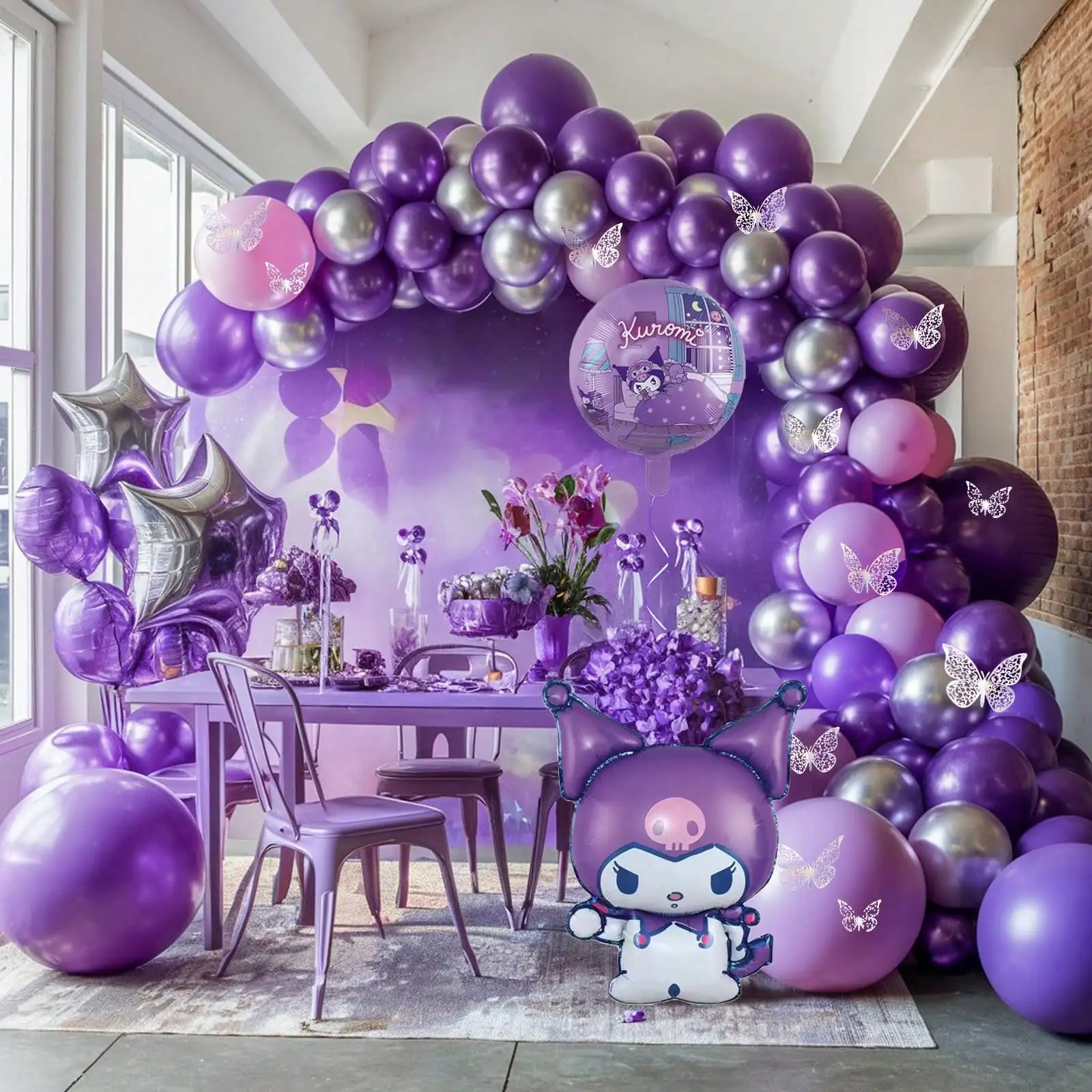 

Sanrio Kurome Фиолетовый и серебряный комплект арки для воздушных шаров, 102 шт. Фиолетовые и серебряные воздушные шары-бабочки с наклейками-бабочками