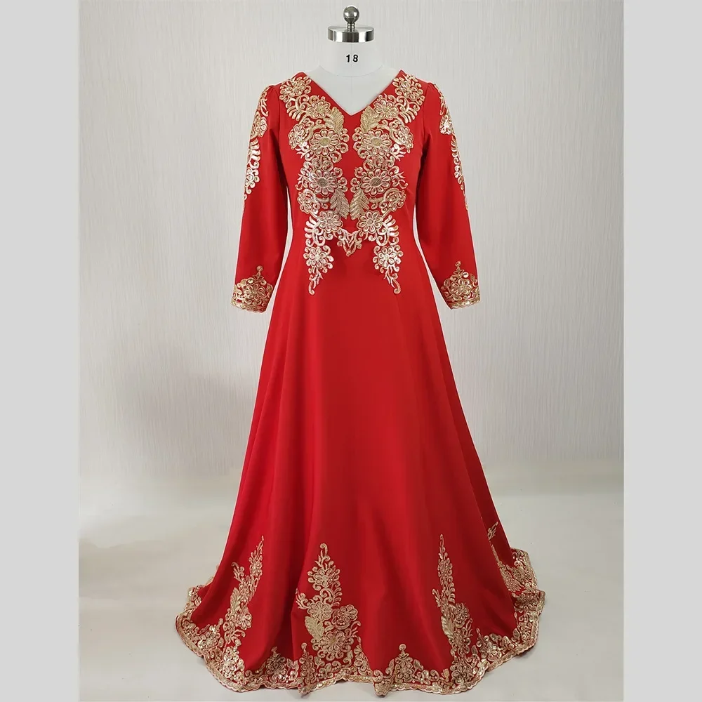 Feelingarden Customized Real Photo Plus size Evening Dresses Red Golden Appliques V-neck Full Sleeves A-line Party Formal Gowns