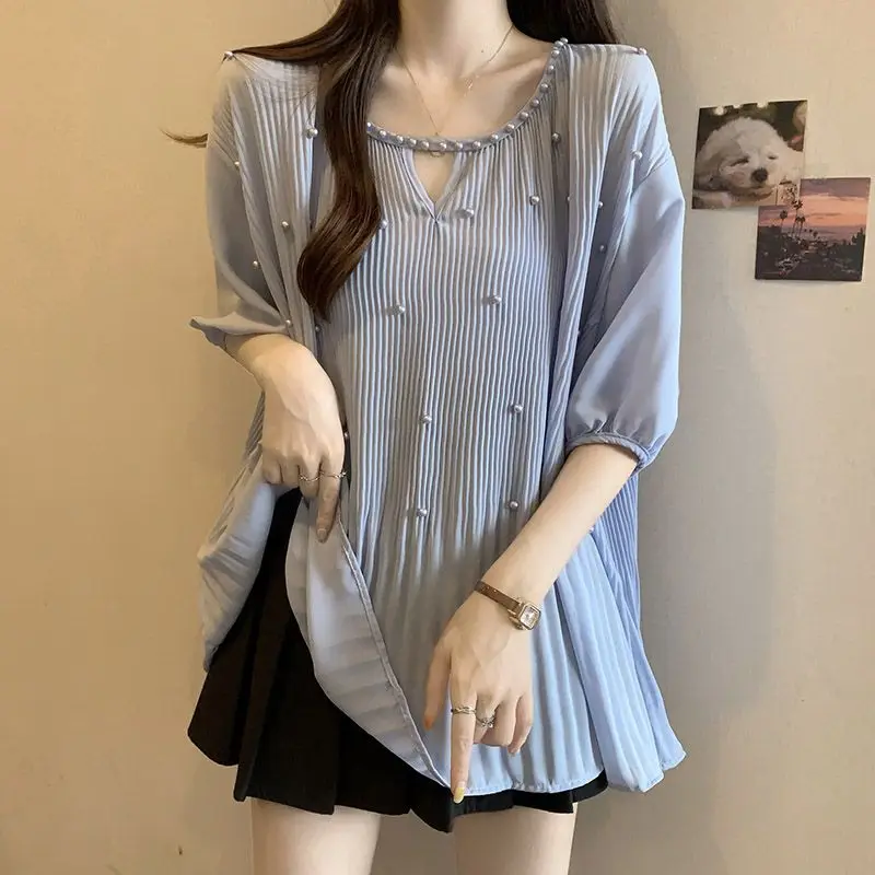 Summer New Loose Fashion Korean Simple Versatile Gentle Chiffon Short Sleeve T-shirt Women\'s Solid Round Neck Patchwork Thin Top