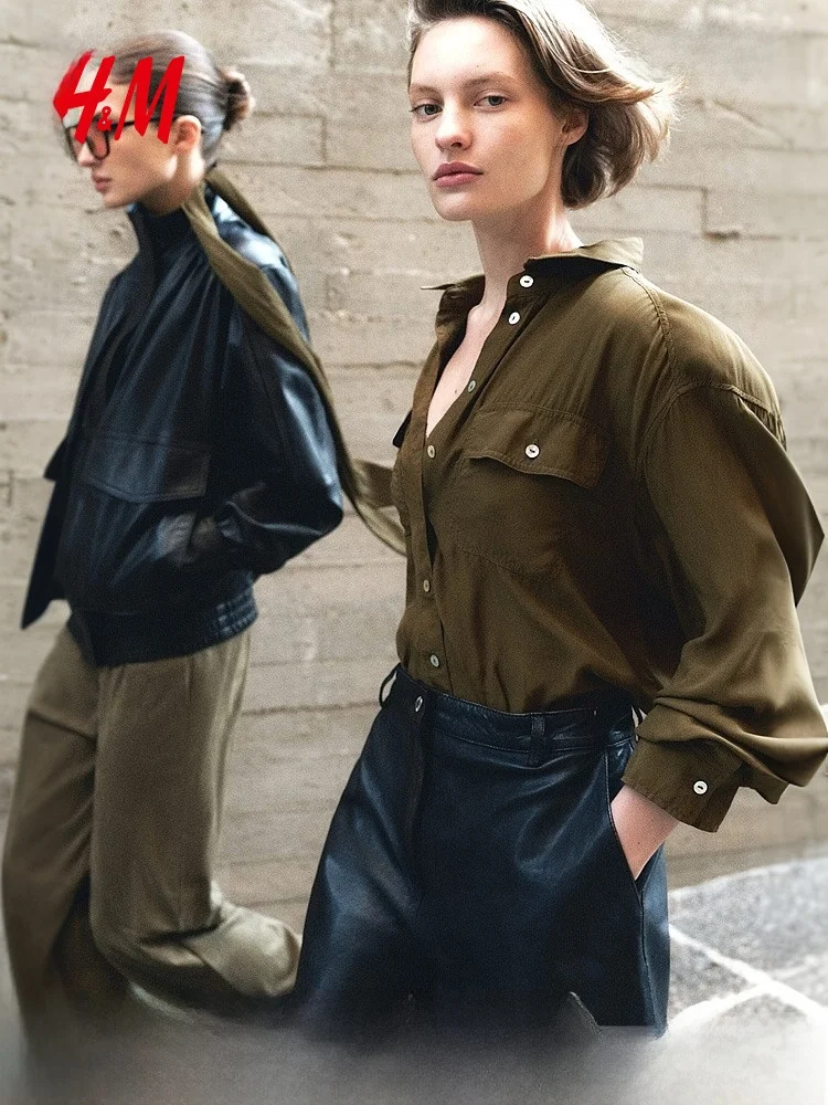 

Spring New Women's Casual Loose Fit irt Button Detail Long Sve Collar Ne Design Viscose Fiber H&M 329764