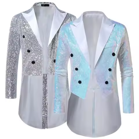 British Style Men Luxury Sequined Tuxedo Suit Jacket Double Breasted Coat White / Silver Fashion Singer Stage Performance Blazer